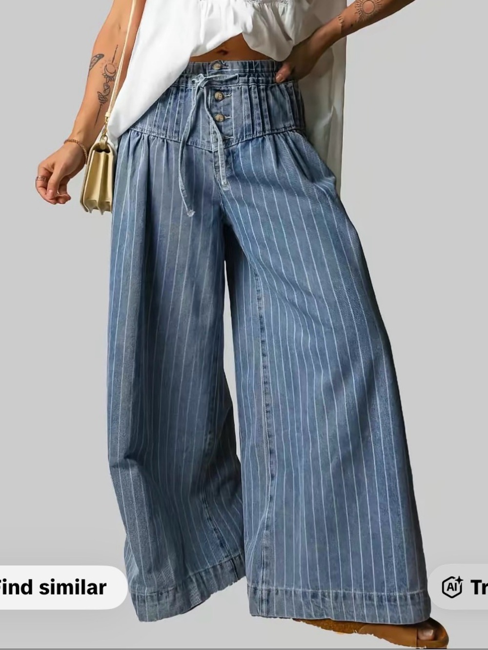 Wide Leg Pinstripe Denim Pants - Blue